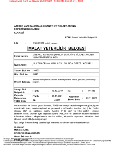 İmalat Yeterlilik Belgesi